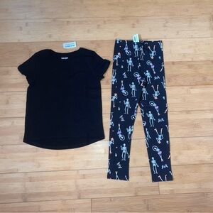 NWT Girls Size S 6-7 Halloween Outfit - Black Tee Top & Skeleton Leggings Set